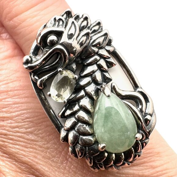 Jade of Yesteryear Womens Ring Sterling Silver Green Jade Dragon Size 6.5 - Picture 2 of 7